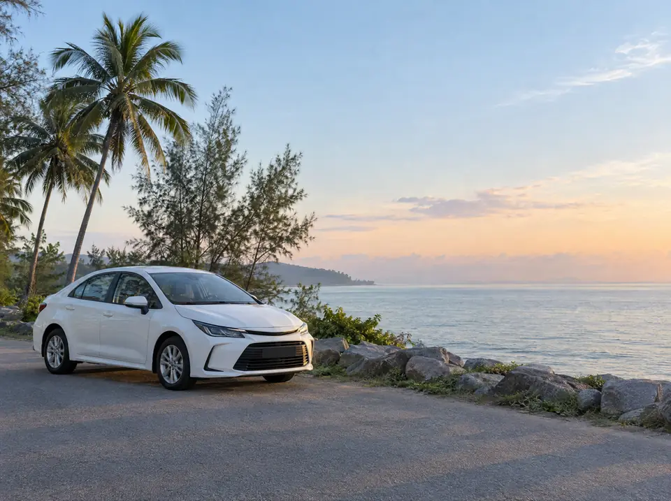 White sedan parked by the sea near Kuantan at sunrise