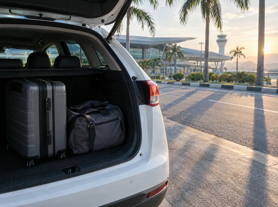 Open boot of a white car with suitcases at an airport curb