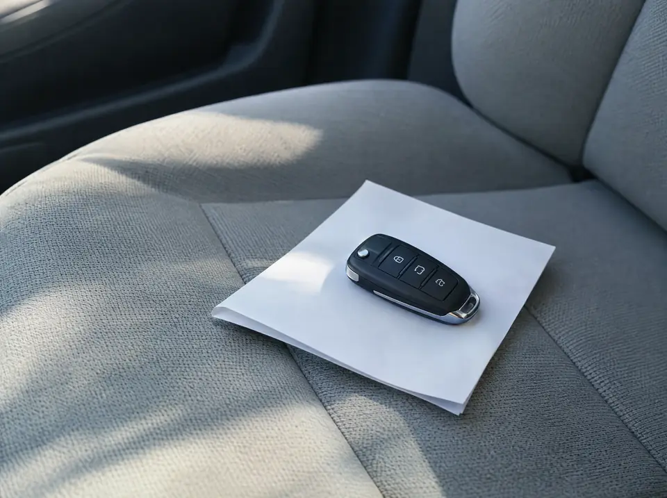Car key resting on a folded sheet of paper on a clean car seat